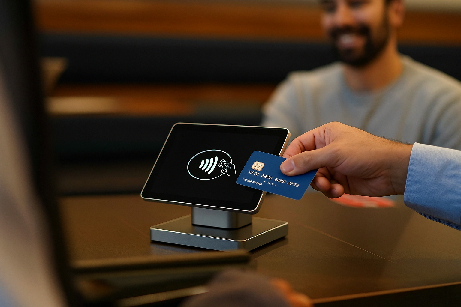 Personal del restaurante asistiendo a los clientes con una tablet en la mesa